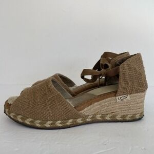 UGG Delmar Espadrille Women's 9 Ankle Tie Wedge Open Toe Beige Sandals Beach